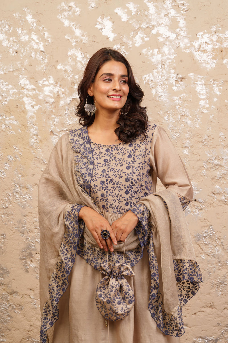 Bone Grey Kurta With Pants (Without Dupatta) - Naaz By Noor