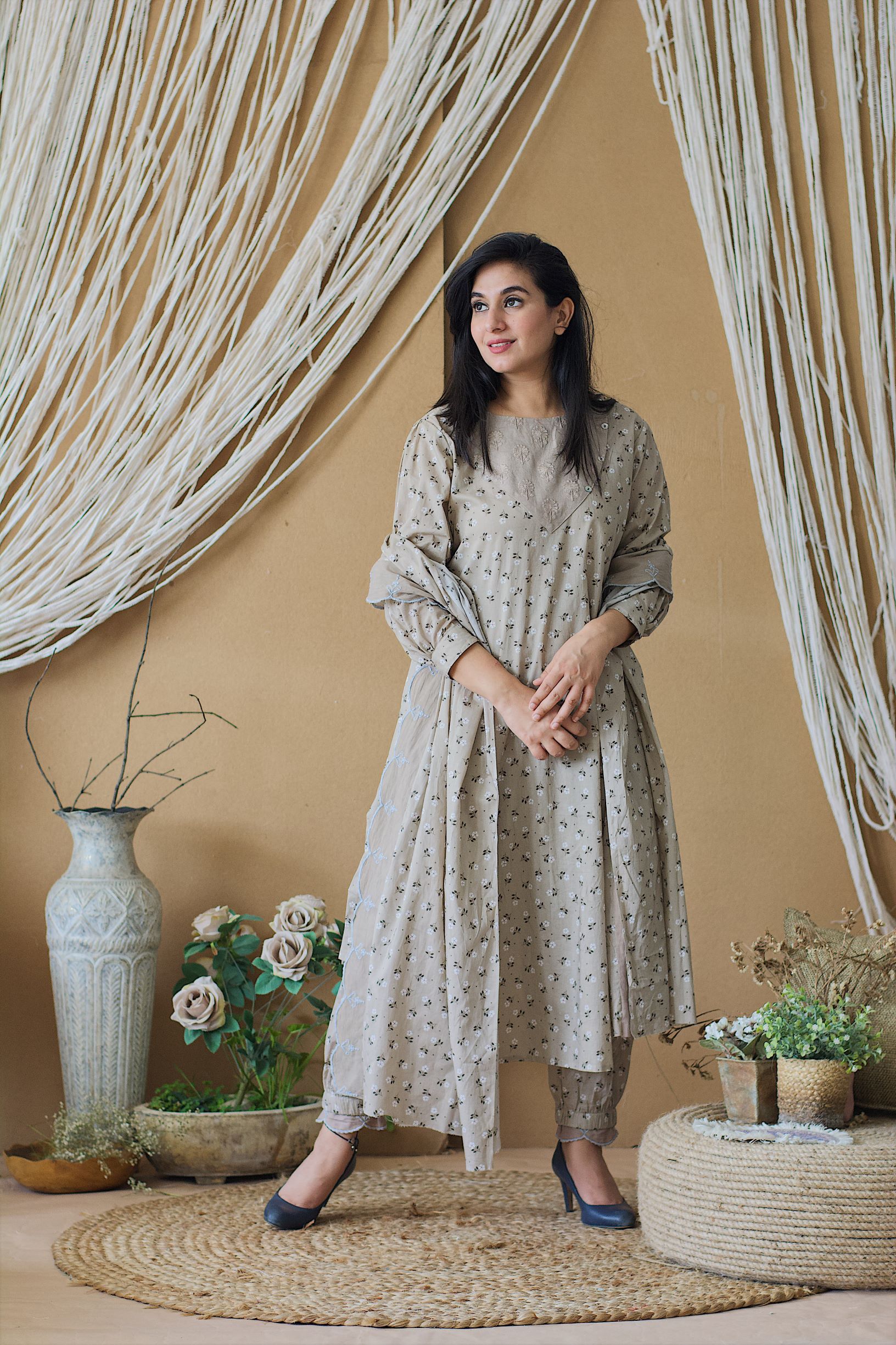CAPPUCCINO KURTA WITH PRINTED HAREM PANTS - Naaz By Noor