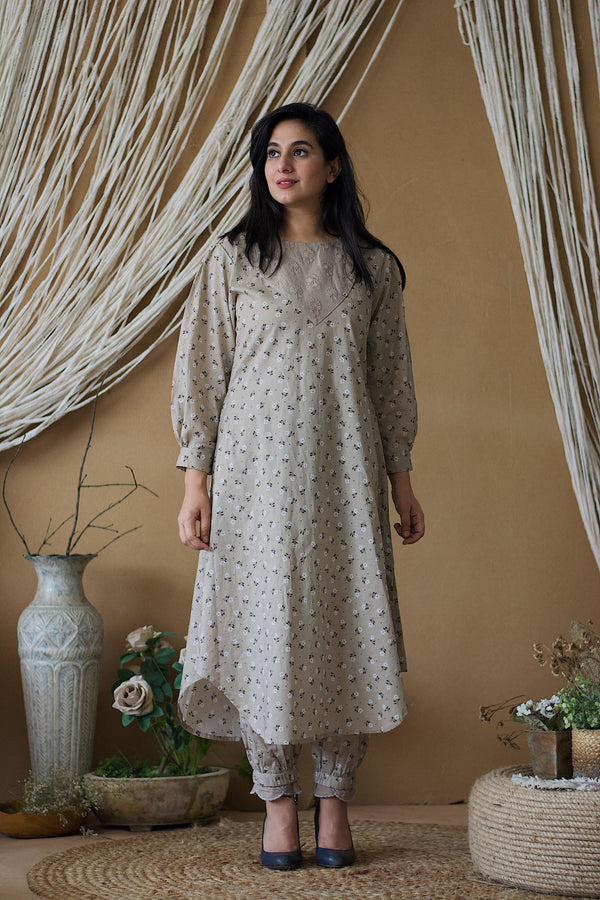 CAPPUCCINO KURTA WITH PRINTED HAREM PANTS - Naaz By Noor