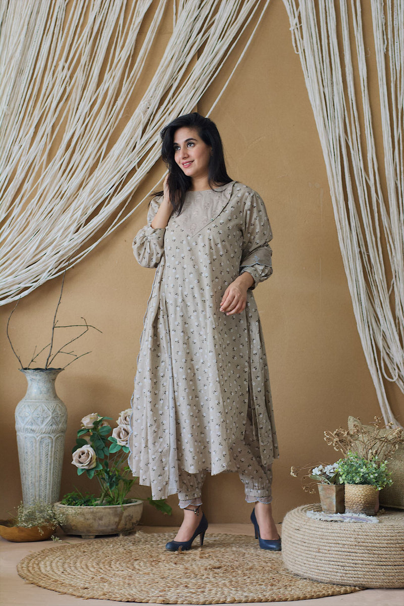 CAPPUCCINO KURTA WITH PRINTED HAREM PANTS - Naaz By Noor