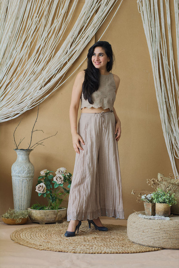 CAPPUCCINO ROSE CROP TOP AND CRUSHED SHARARA - Naaz By Noor