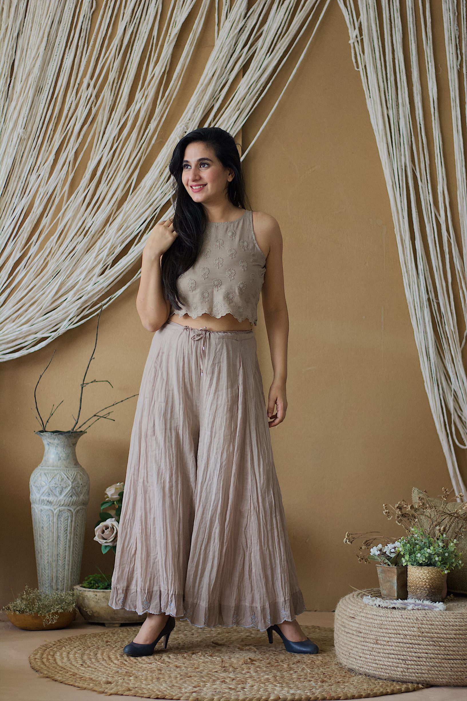 CAPPUCCINO ROSE CROP TOP AND CRUSHED SHARARA - Naaz By Noor