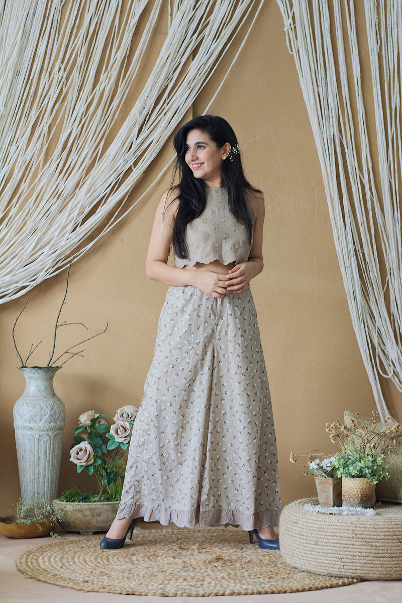 CAPPUCCINO ROSE CROP TOP AND PRINTED PLAZZO - Naaz By Noor