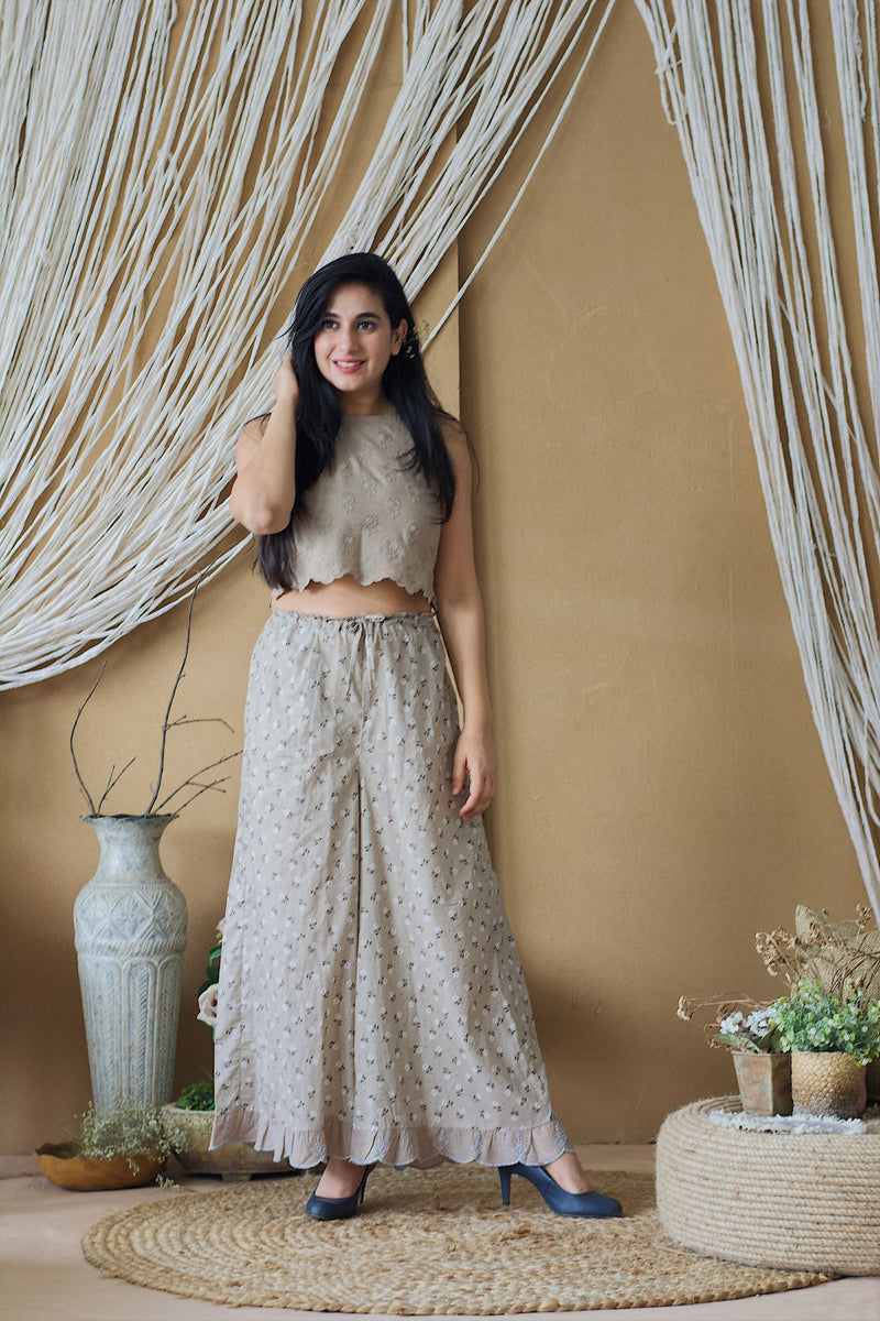 CAPPUCCINO ROSE CROP TOP AND PRINTED PLAZZO - Naaz By Noor