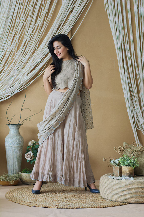 CAPPUCCINO ROSE CROP TOP WITH CRUSHED SHARARA AND DUPATTA - Naaz By Noor
