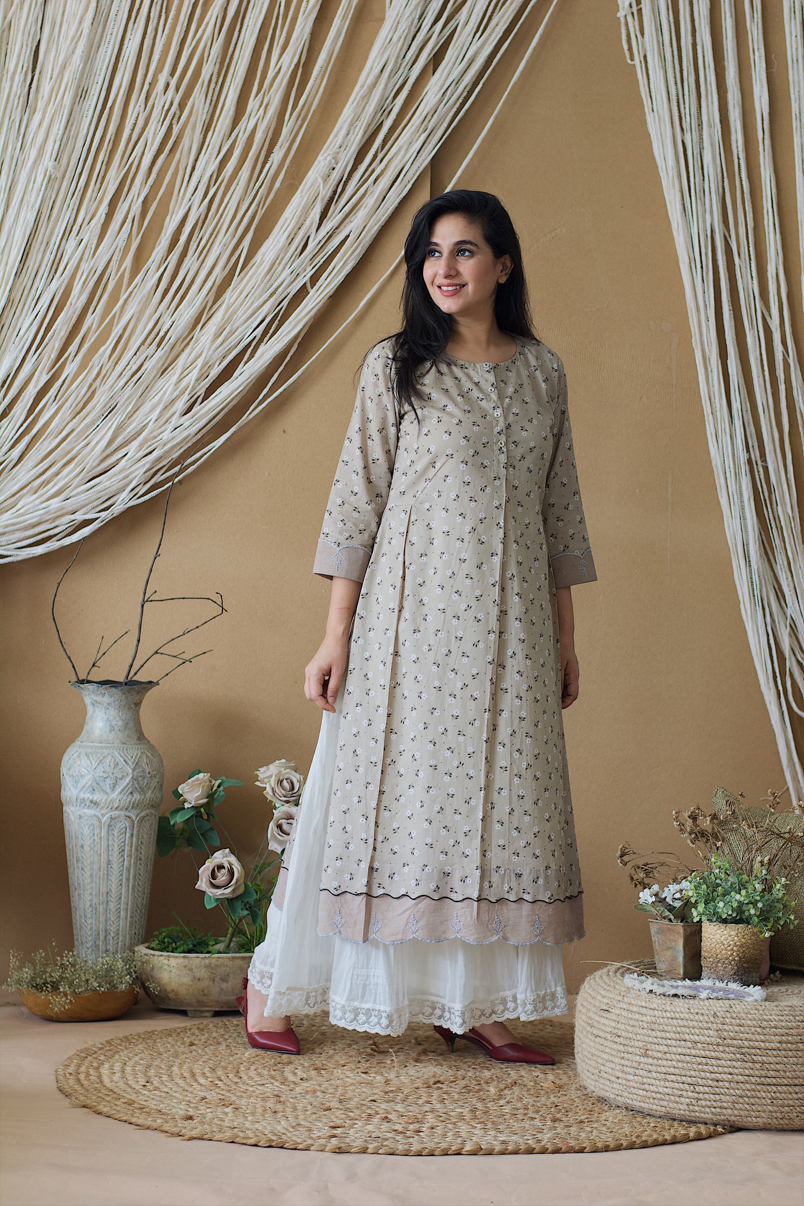 CAPPUCCINO ROSE KURTA WITH CRUSHED SHARARA AND DUPATTA - Naaz By Noor