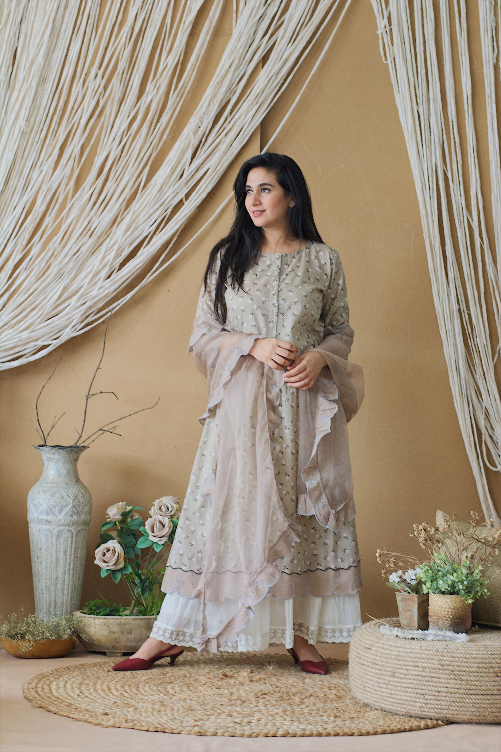 CAPPUCCINO ROSE KURTA WITH CRUSHED SHARARA AND DUPATTA - Naaz By Noor