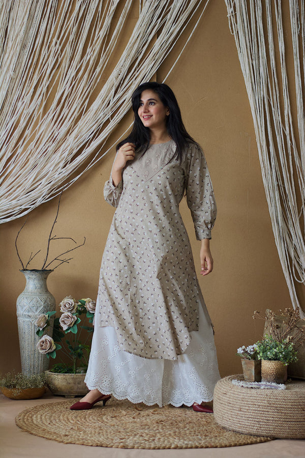 CAPPUCCINO ROSE KURTA WITH WHITE SCCHFLLI PLAZZO - Naaz By Noor