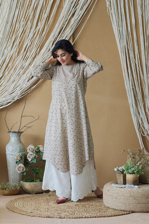 CAPPUCCINO ROSE KURTA WITH WHITE SCCHFLLI PLAZZO - Naaz By Noor