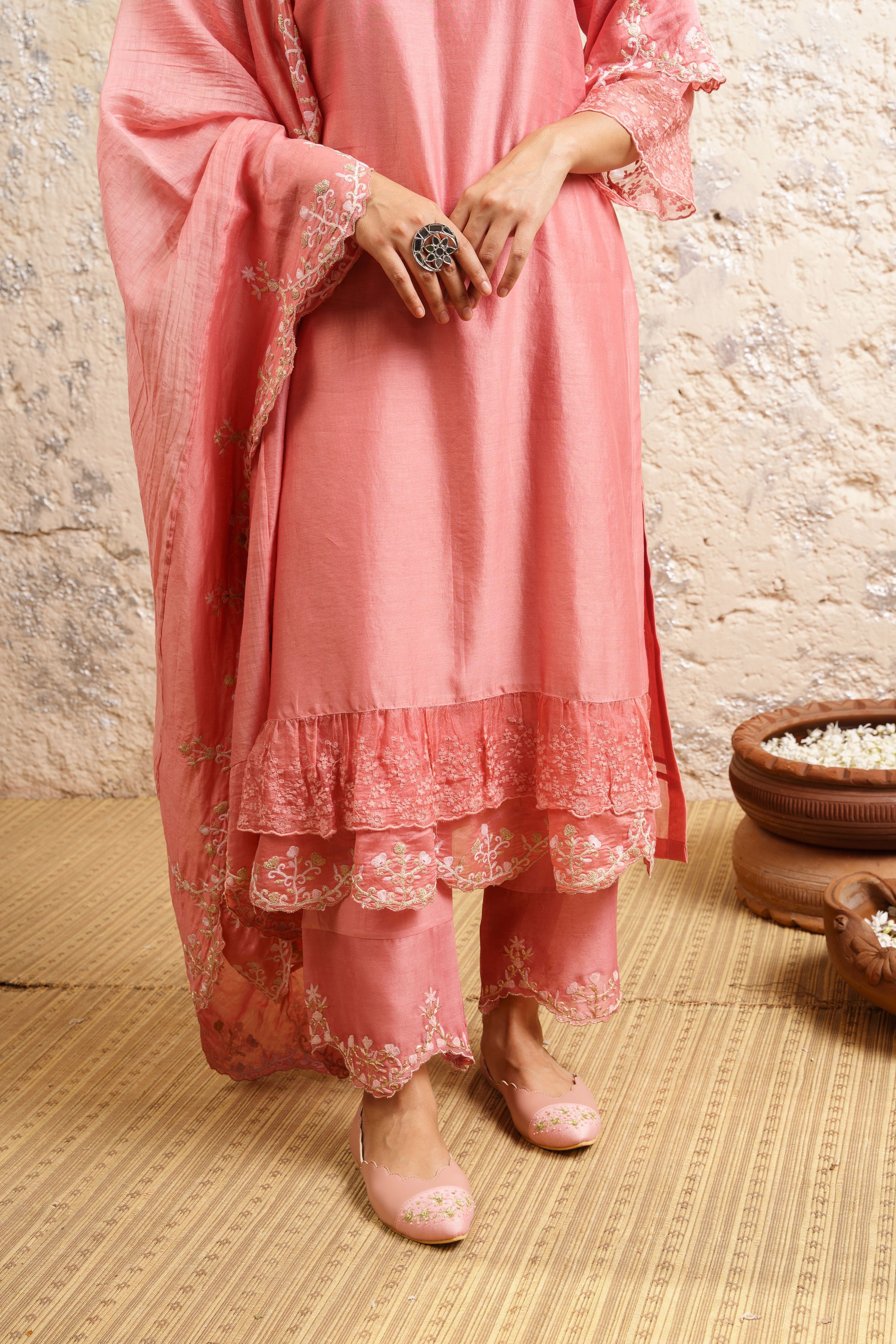 Carnation Pink Kurta With Pants And Dupatta - Naaz By Noor