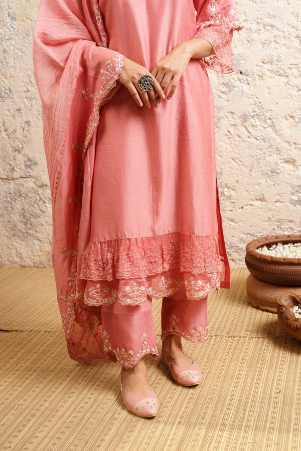 Carnation Pink Kurta With Pants And Dupatta - Naaz By Noor