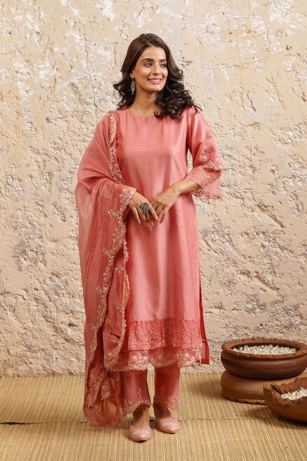 Carnation Pink Kurta With Pants And Dupatta - Naaz By Noor