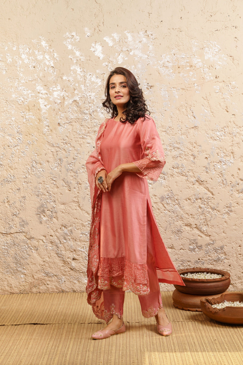 Carnation Pink Kurta With Pants And Dupatta - Naaz By Noor