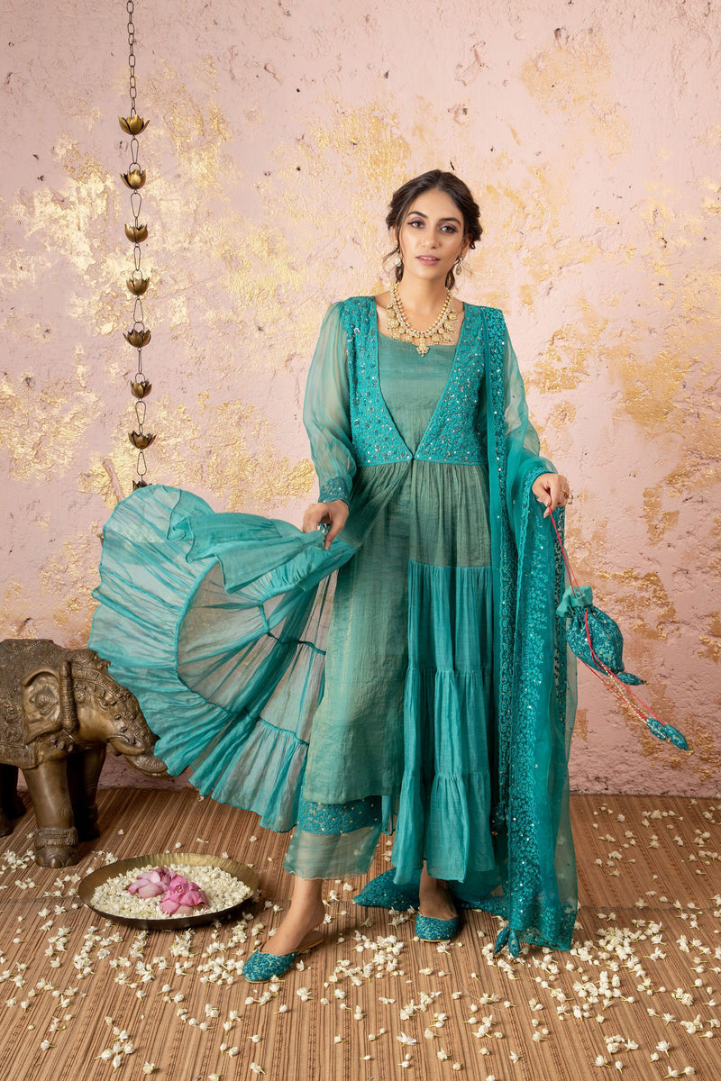 Deep Green Tunic With Embroidered Pant And Dupatta - Naaz By Noor