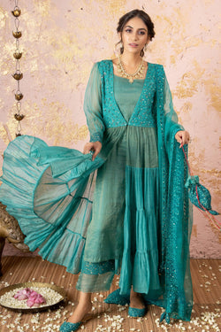 Deep Green Tunic With Embroidered Pant And Dupatta - Naaz By Noor