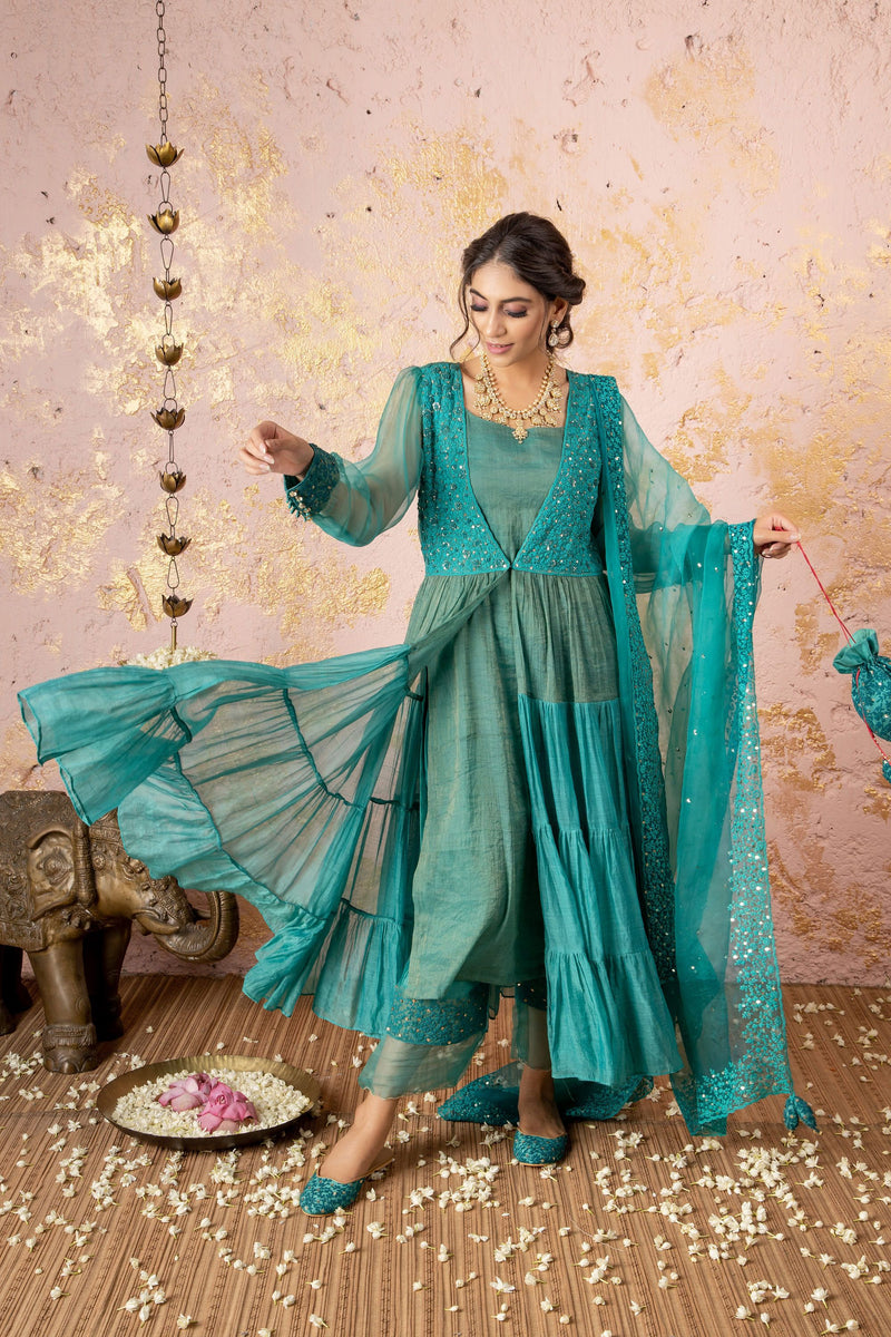 Deep Green Tunic With Embroidered Pant And Dupatta - Naaz By Noor