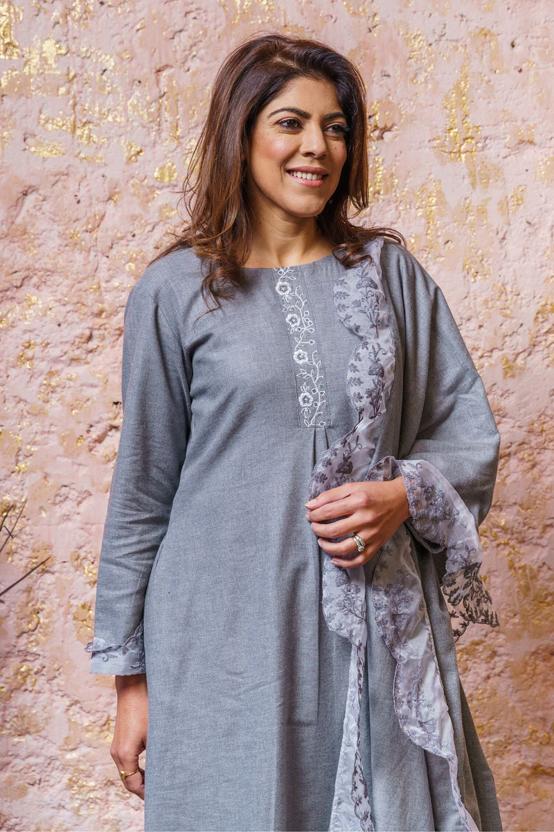 Dusk Blue Tunic Set With Embroidered Stole - Naaz By Noor