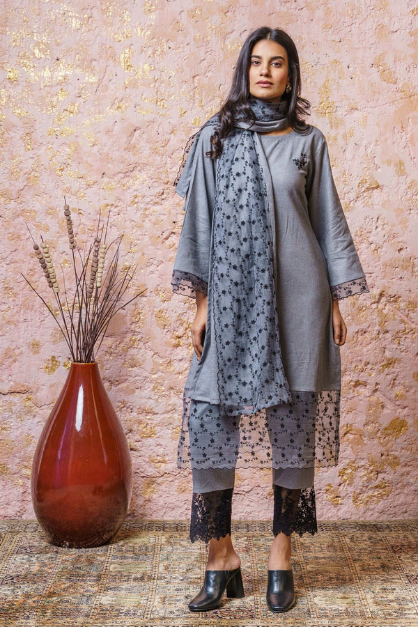 Dusk Blue Tunic Set With Stole - Naaz By Noor