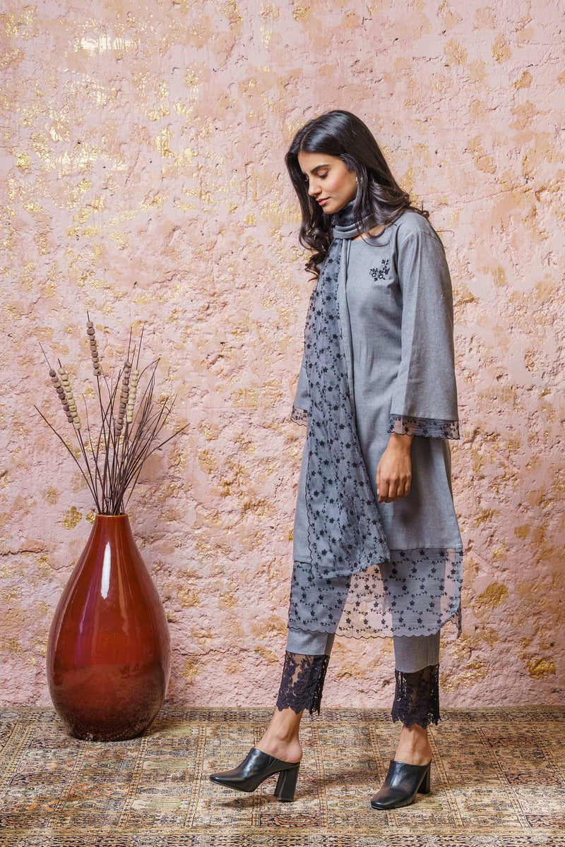 Dusk Blue Tunic Set With Stole - Naaz By Noor