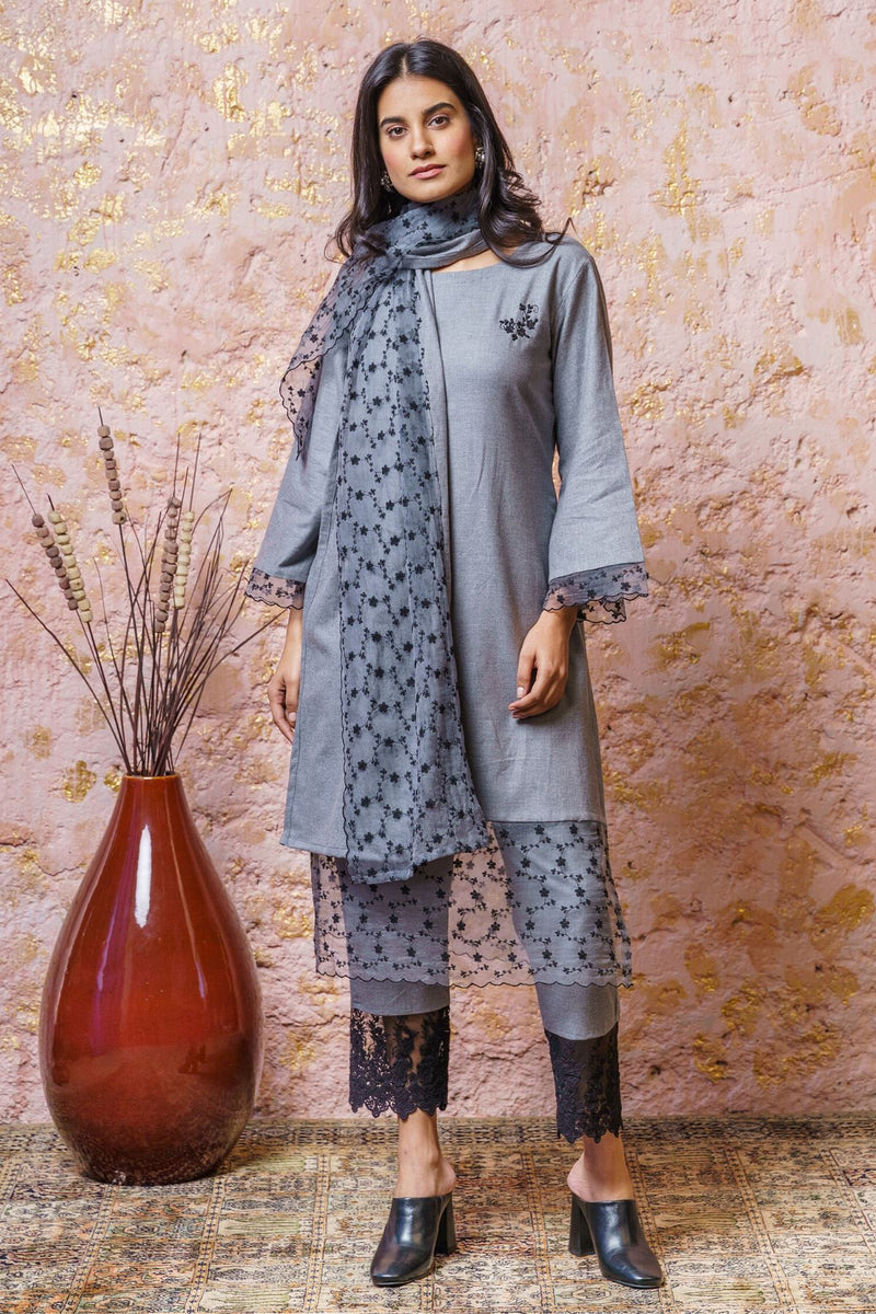 Dusk Blue Tunic Set With Stole - Naaz By Noor
