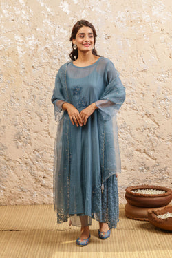 Dusty Blue Kurta With Pants And Dupatta - Naaz By Noor