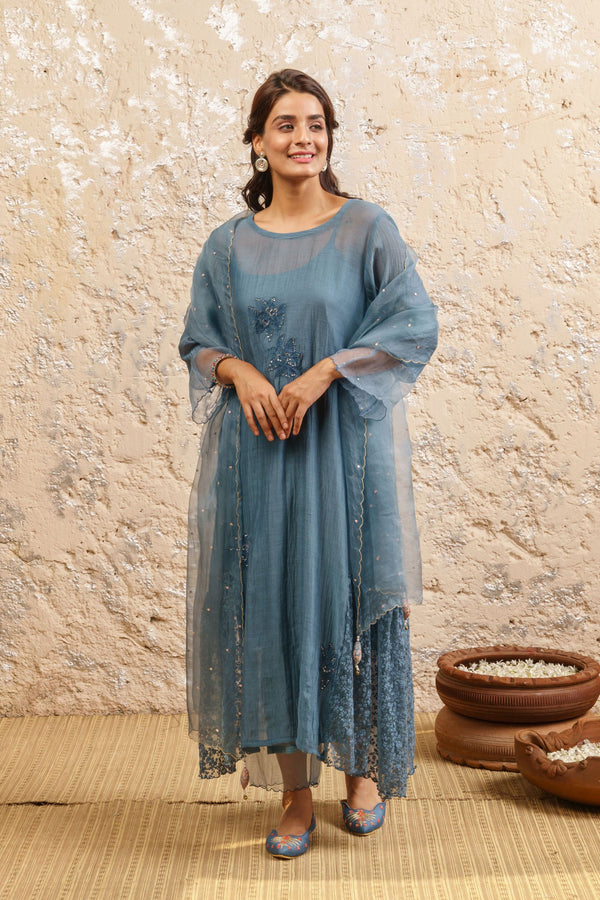 Dusty Blue Kurta With Pants And Dupatta - Naaz By Noor