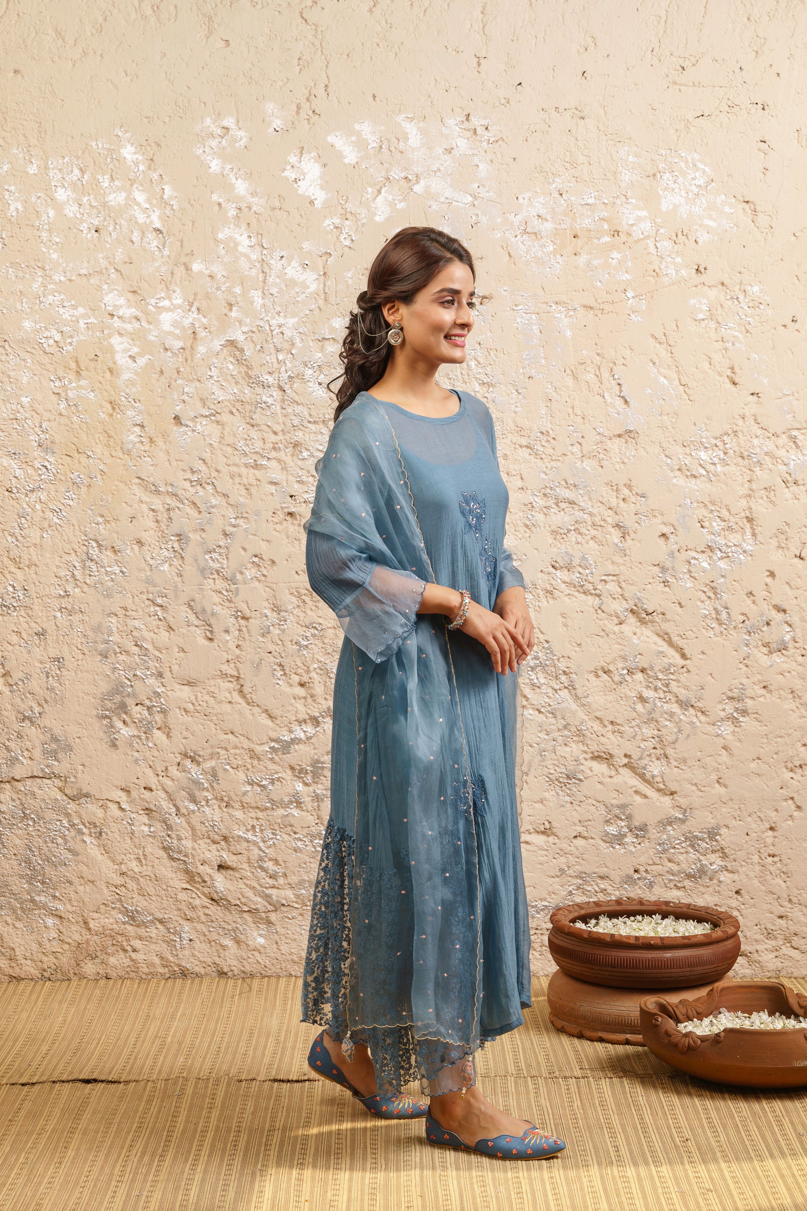 Dusty Blue Kurta With Pants And Dupatta - Naaz By Noor