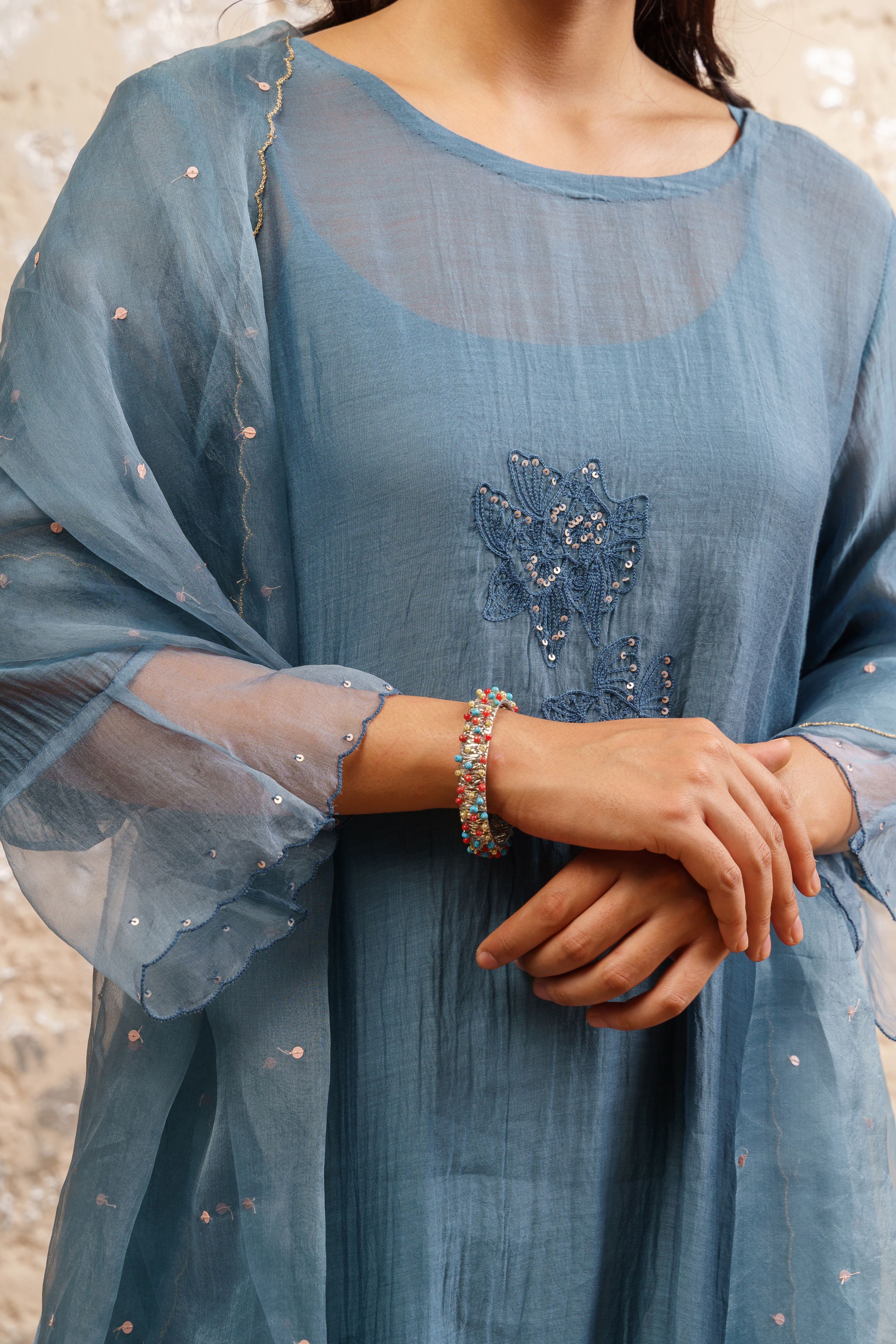 Dusty Blue Kurta With Pants And Dupatta - Naaz By Noor