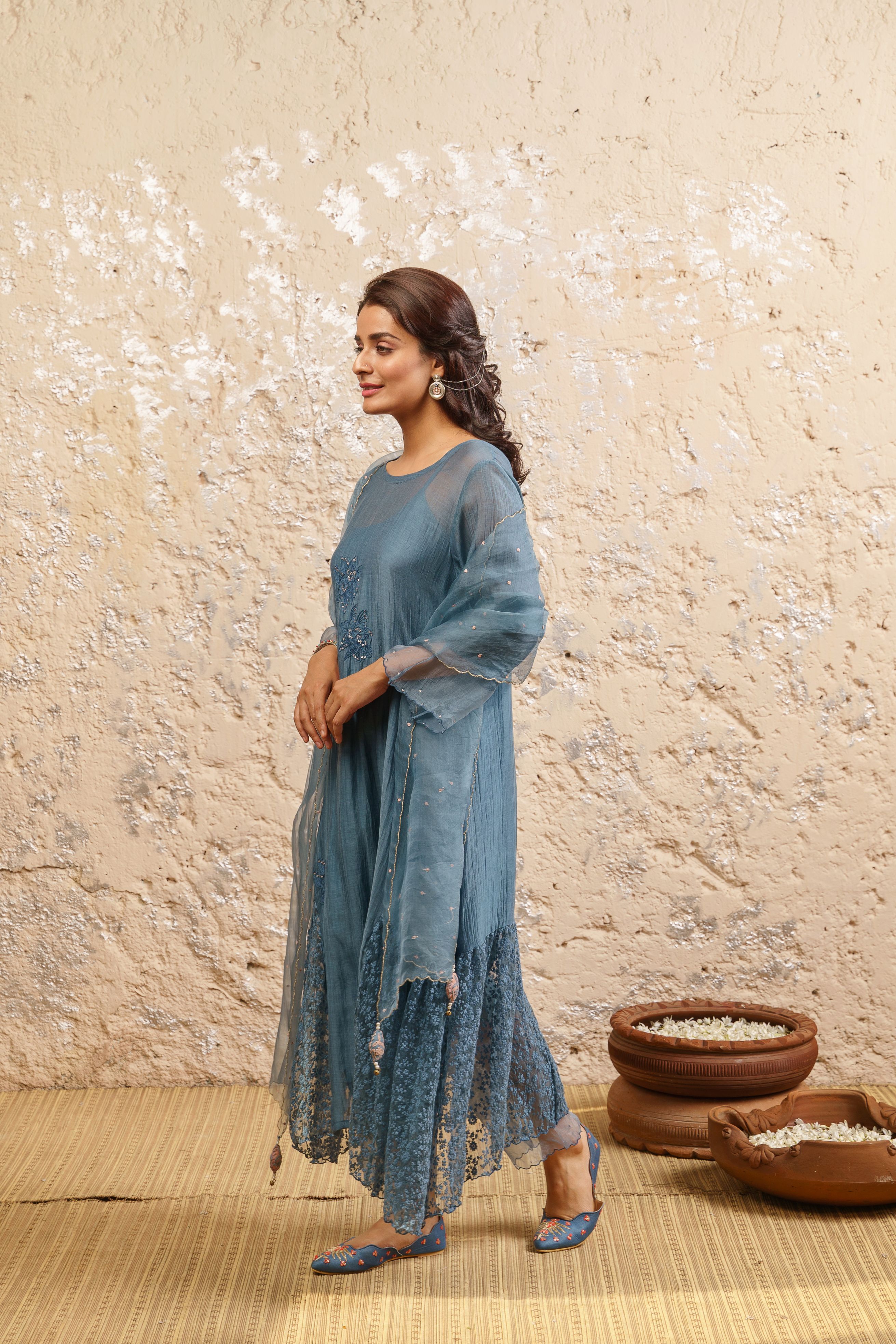 Dusty Blue Kurta With Pants And Dupatta - Naaz By Noor