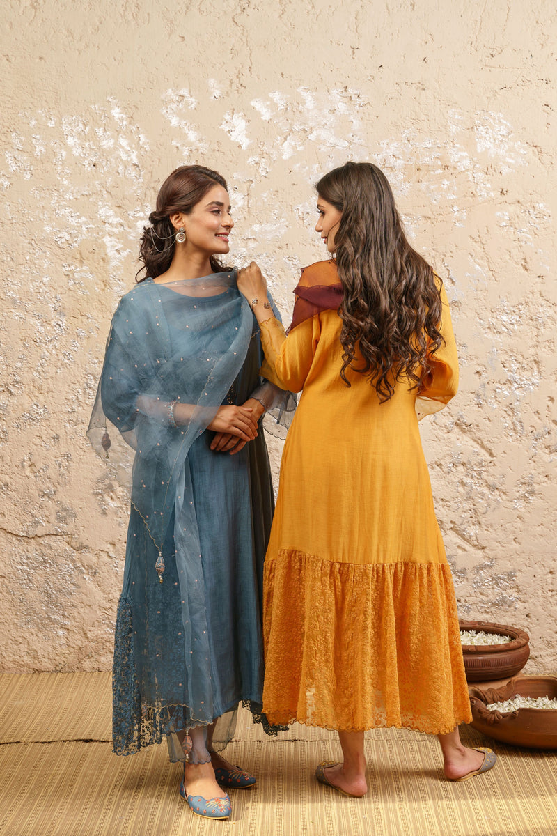 Dusty Blue Kurta With Pants And Dupatta - Naaz By Noor