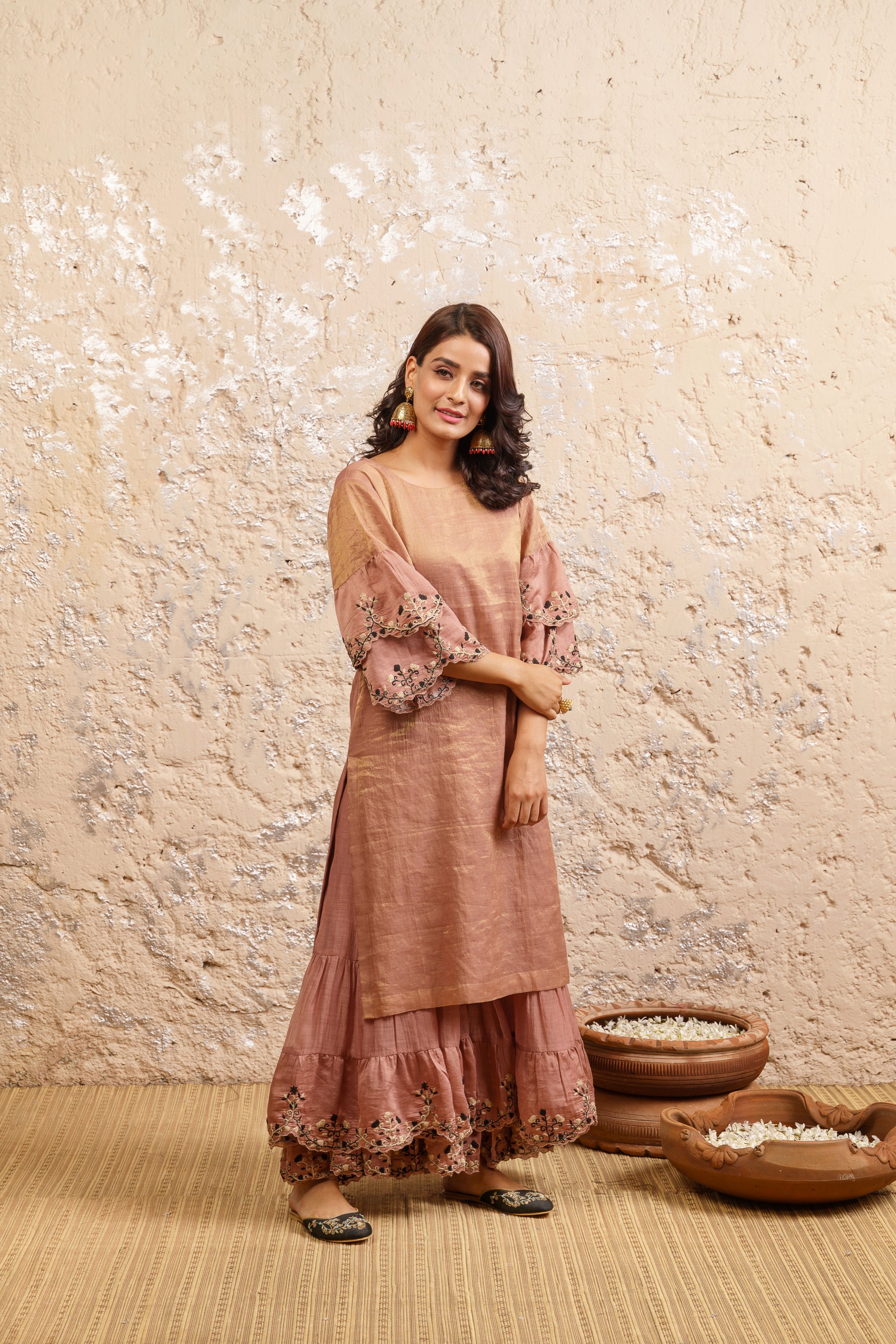 Dusty Pink Kurta With Sharara And Dupatta - Naaz By Noor
