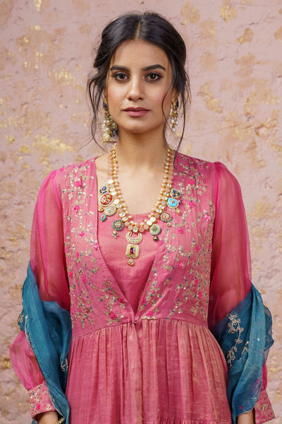 Fuchsia Kurta Set With Bluesteel Dupatta - Naaz By Noor