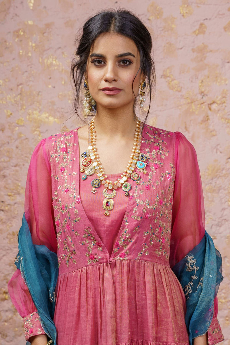 Fuchsia Kurta Set With Bluesteel Dupatta - Naaz By Noor
