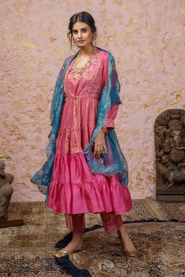 Fuchsia Kurta Set With Bluesteel Dupatta - Naaz By Noor