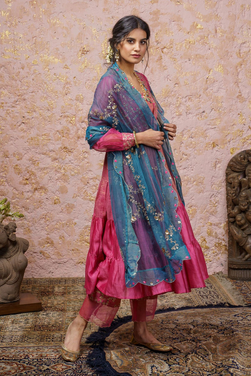 Fuchsia Kurta Set With Bluesteel Dupatta - Naaz By Noor