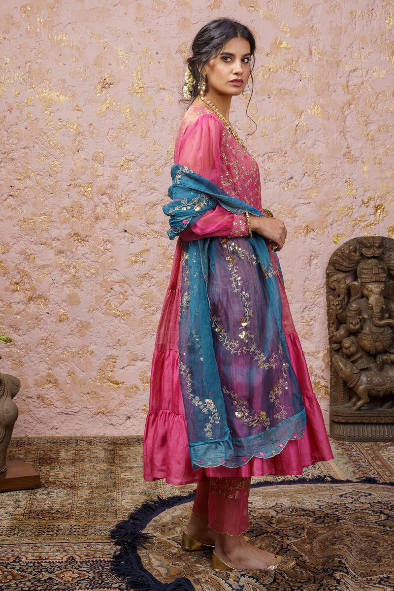 Fuchsia Kurta Set With Bluesteel Dupatta - Naaz By Noor