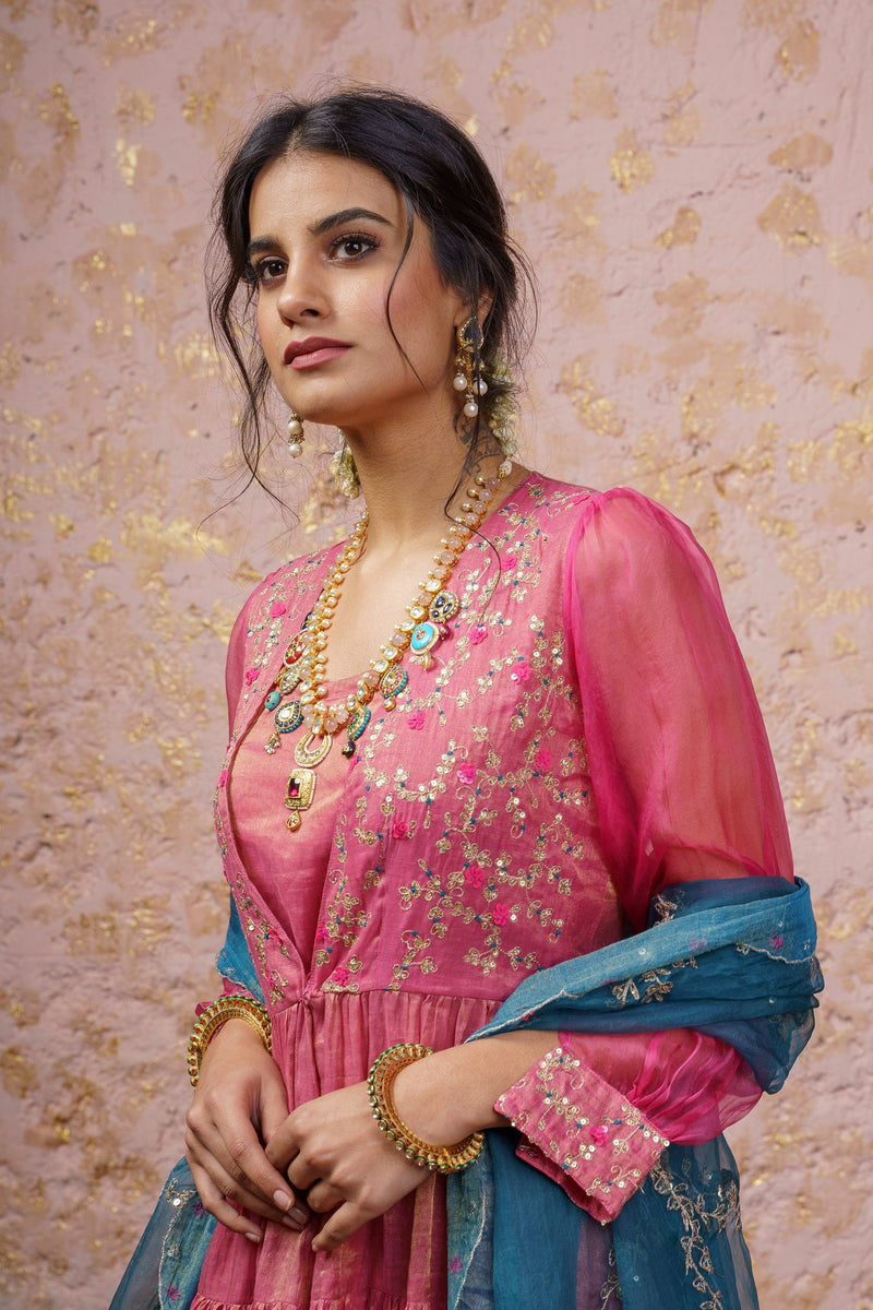 Fuchsia Kurta Set With Bluesteel Dupatta - Naaz By Noor