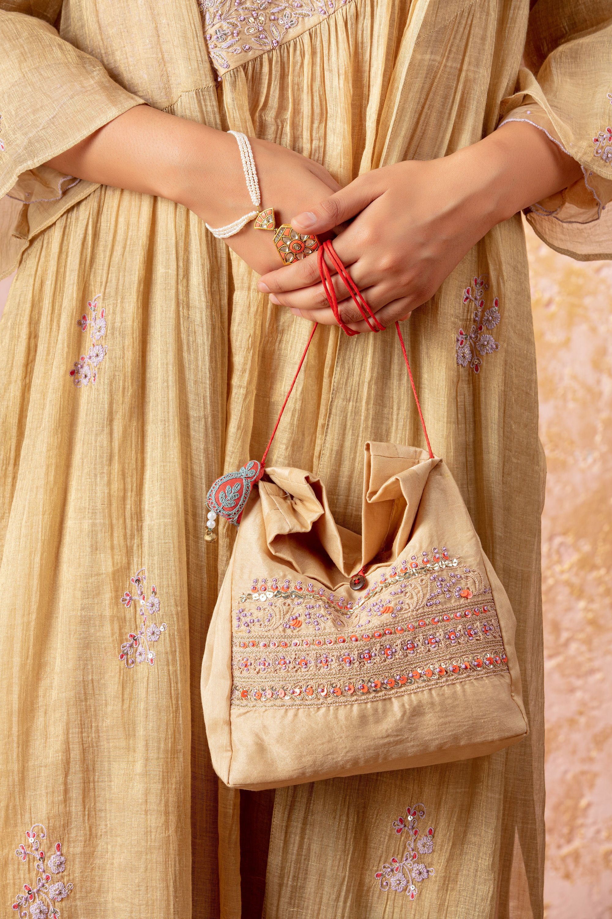 Gold Diagonal Kurta With Pants And Overlay - Naaz By Noor