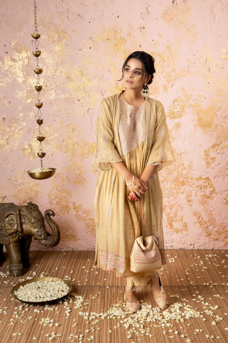 Gold Diagonal Kurta With Pants And Overlay - Naaz By Noor