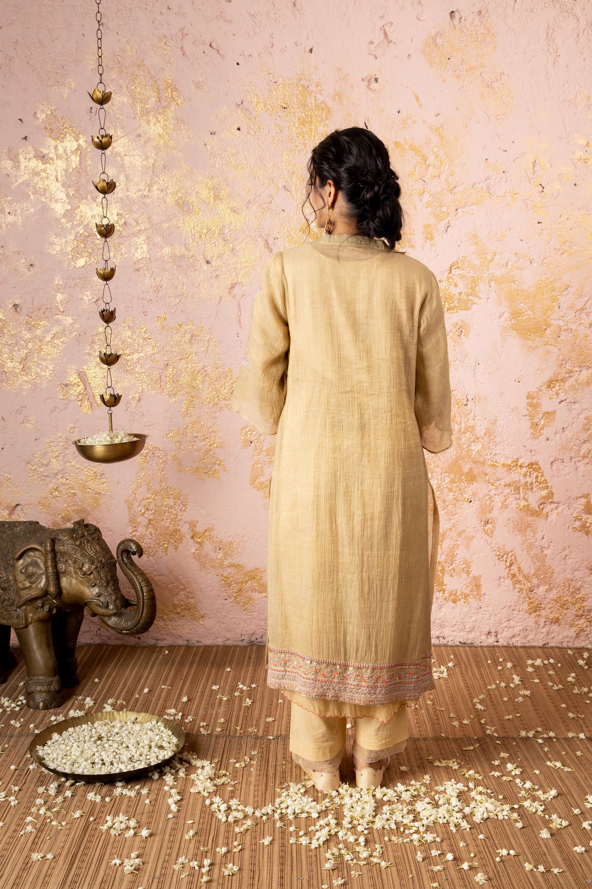 Gold Diagonal Kurta With Pants And Overlay - Naaz By Noor