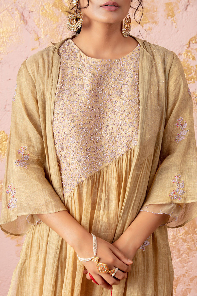 Gold Diagonal Kurta With Pants And Overlay - Naaz By Noor