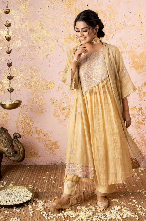 Gold Diagonal Kurta With Pants And Overlay - Naaz By Noor