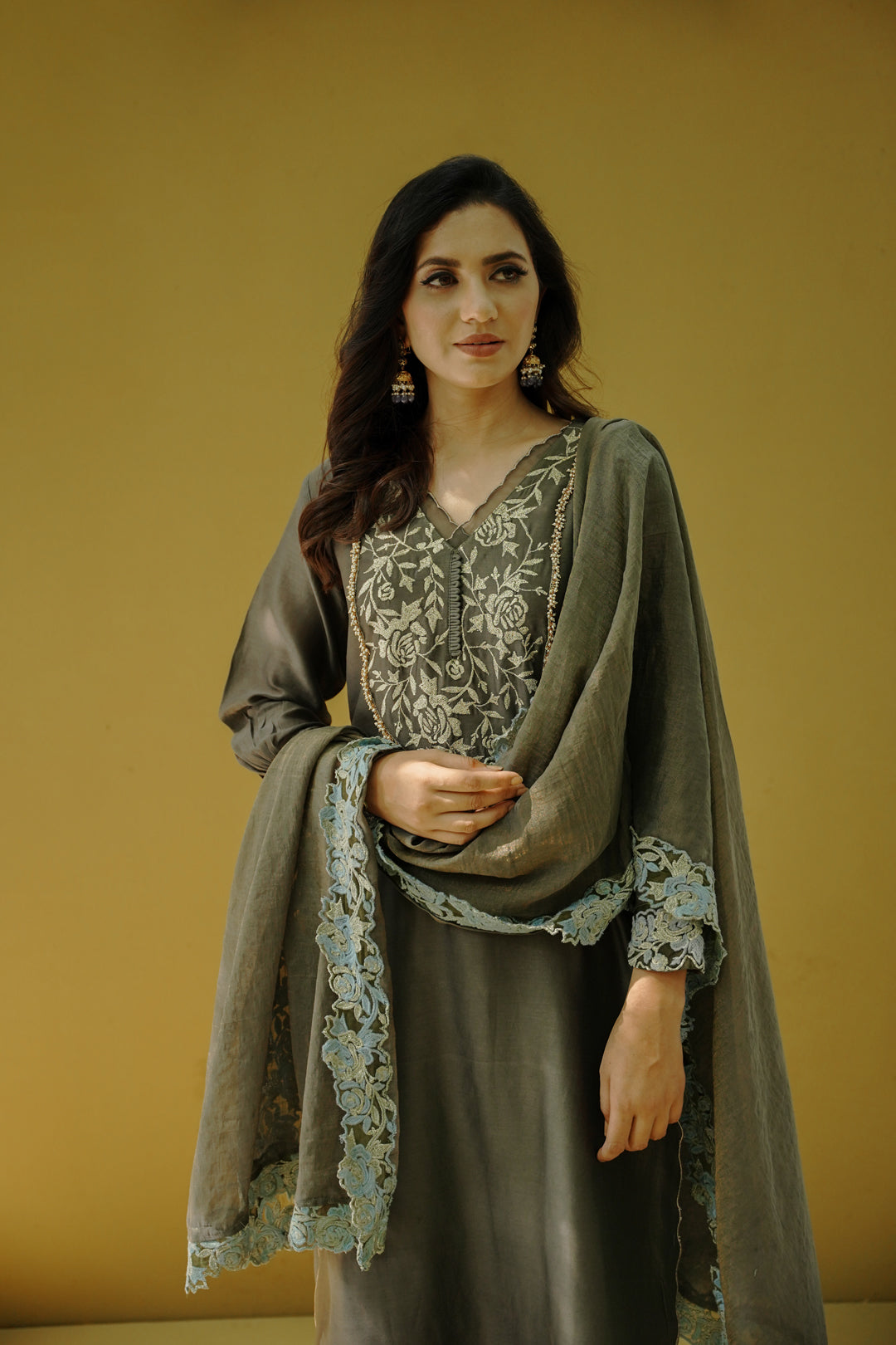 goonj(charcoal grey)- set of 3- kurta,pant & dupatta Naaz By Noor 