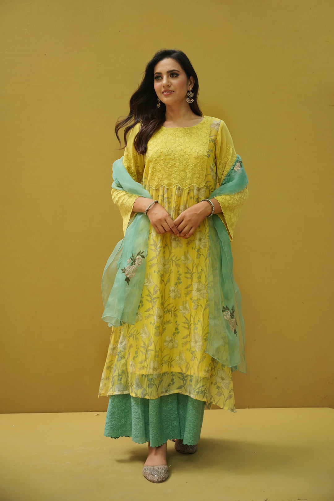 goonj(tuscany yellow & cyan) - set of 3-kurta, pant & dupatta Naaz By Noor 