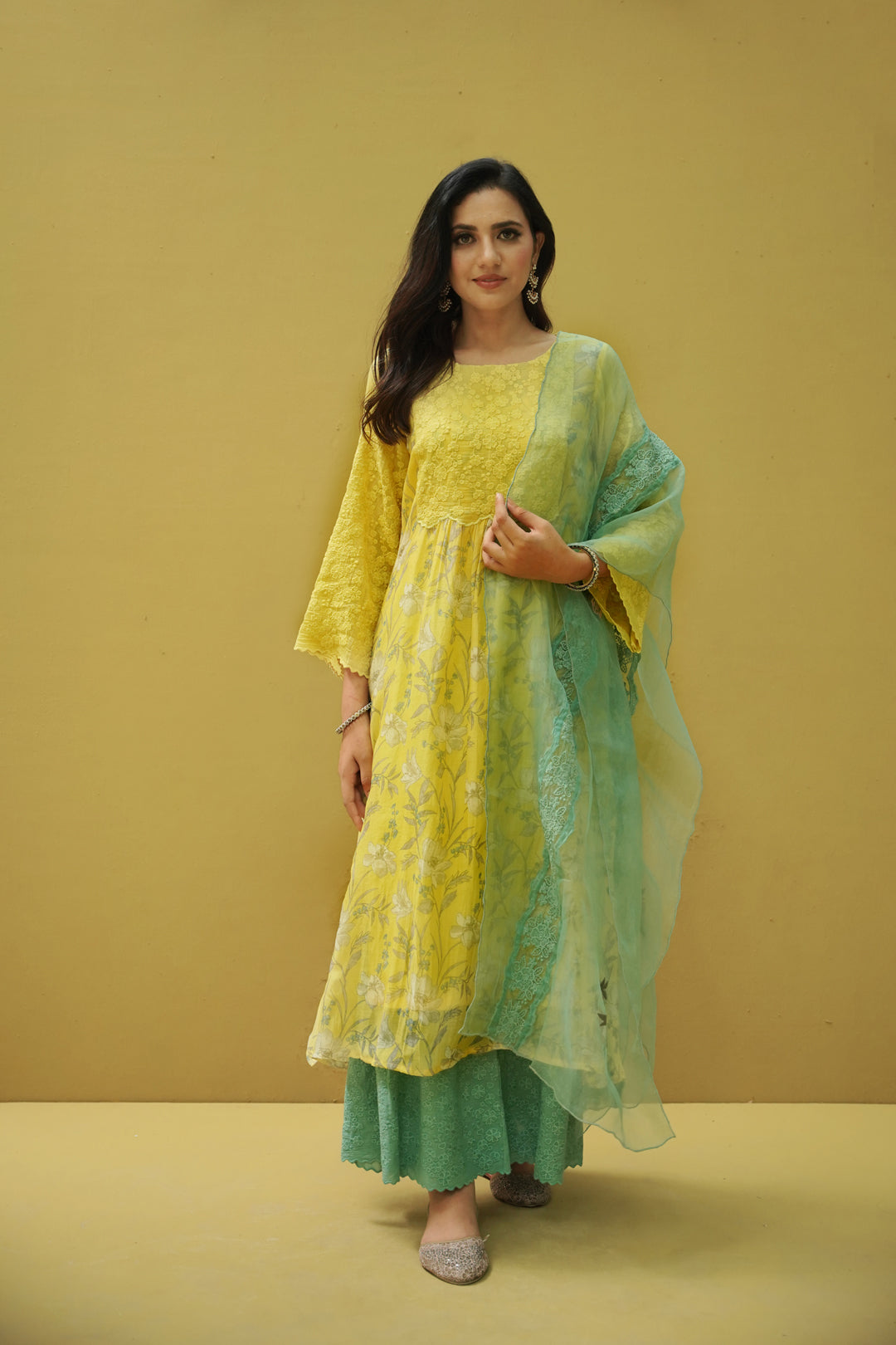 goonj(tuscany yellow & cyan) - set of 3-kurta, pant & dupatta Naaz By Noor 