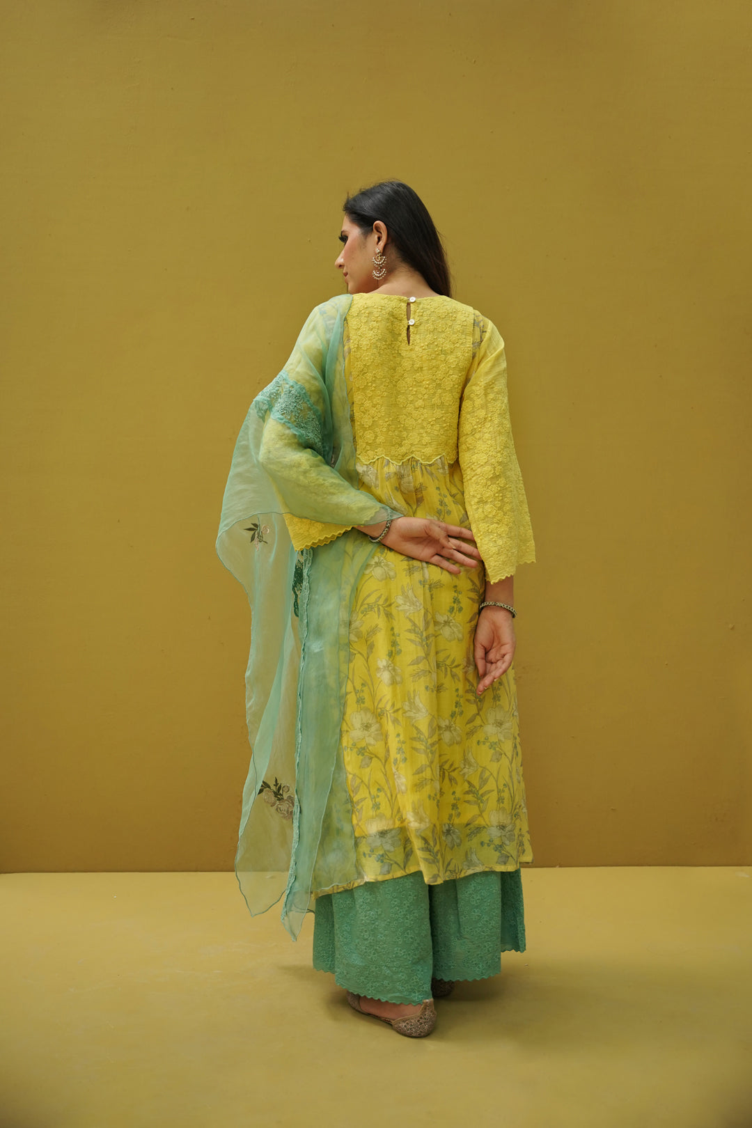 goonj(tuscany yellow & cyan) - set of 3-kurta, pant & dupatta Naaz By Noor 