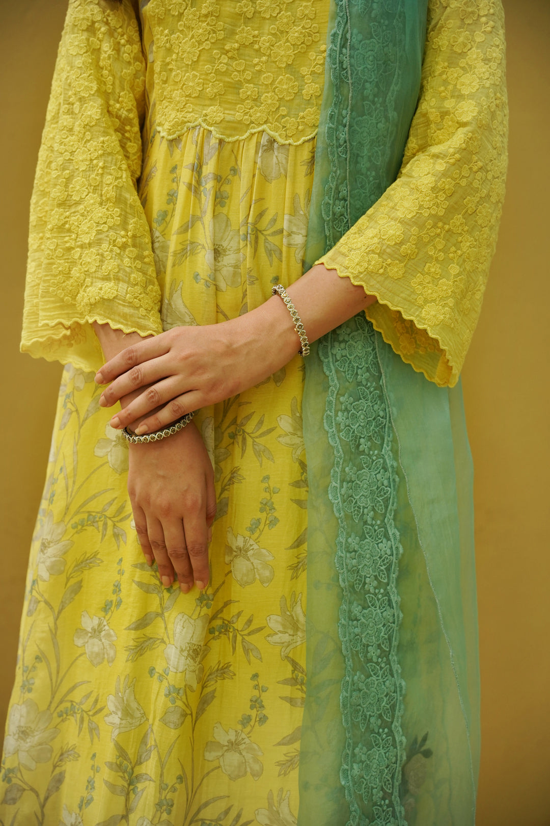 goonj(tuscany yellow & cyan) - set of 3-kurta, pant & dupatta Naaz By Noor 