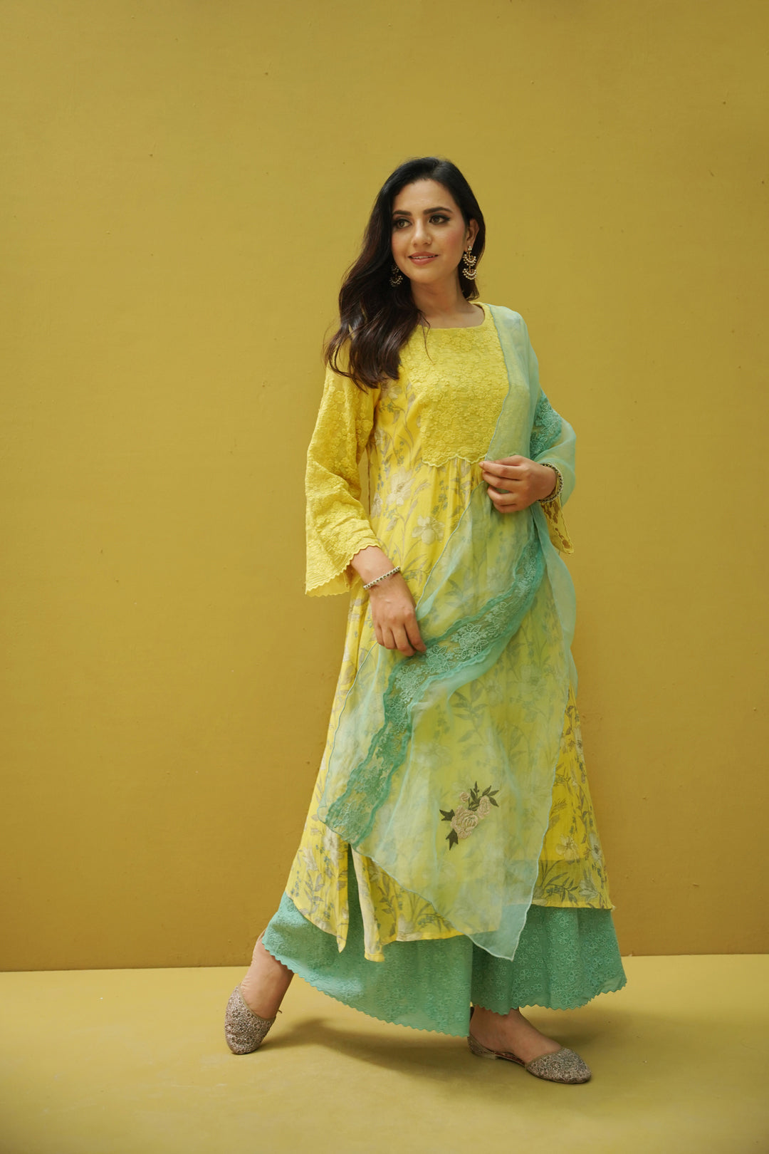 goonj(tuscany yellow & cyan) - set of 3-kurta, pant & dupatta Naaz By Noor 