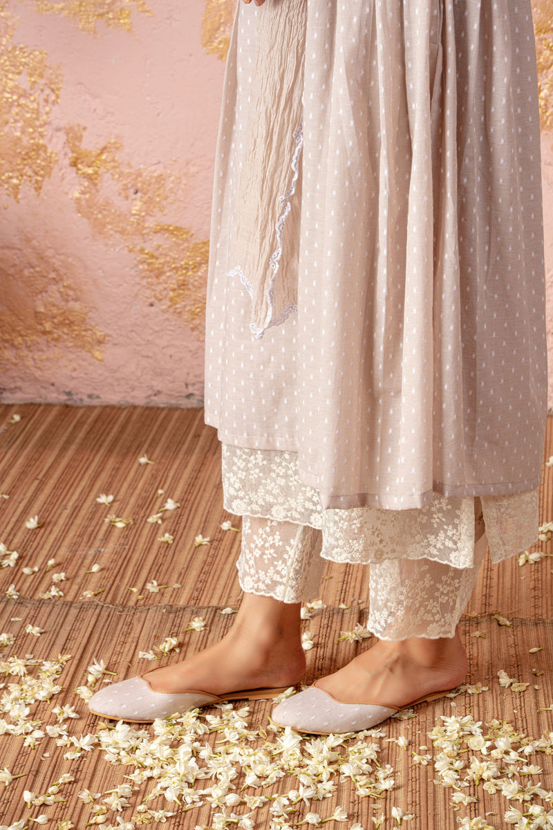 Grey And White Pleated Kurta With Straight Pants (Without Stole) - Naaz By Noor