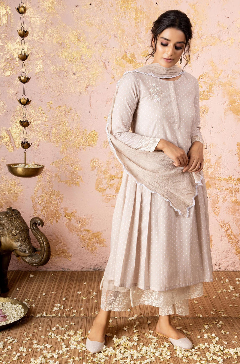 Grey And White Pleated Kurta With Straight Pants (Without Stole) - Naaz By Noor